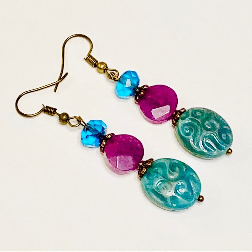Azure Crystal Purple Lepidolite Stone & Teal Green Czech Glass Relief Earrings - Picture 1 of 7